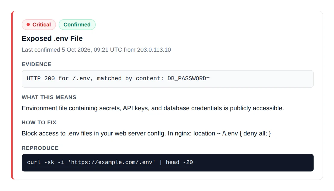 One issue from the sample assessment: Exposed .env File, critical and confirmed, with the evidence line, what it means, how to fix it and the curl command that reproduces it