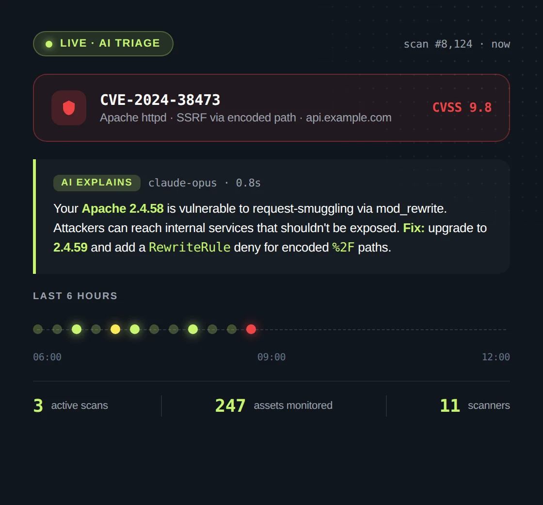 AI-triaged CVE finding with live scan timeline
